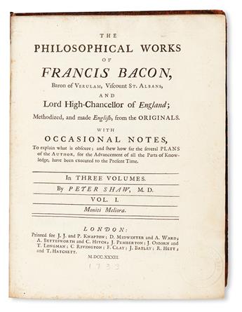 SCIENCE  BACON, FRANCIS, Sir. The Philosophical Works.  3 vols.  1733